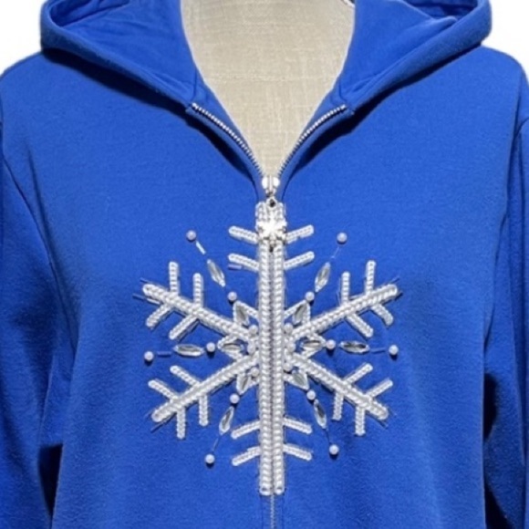 Quaker Factory Royal Blue Sequin Snowflake full zip fleece sweatshirt Jacket - Picture 2 of 6